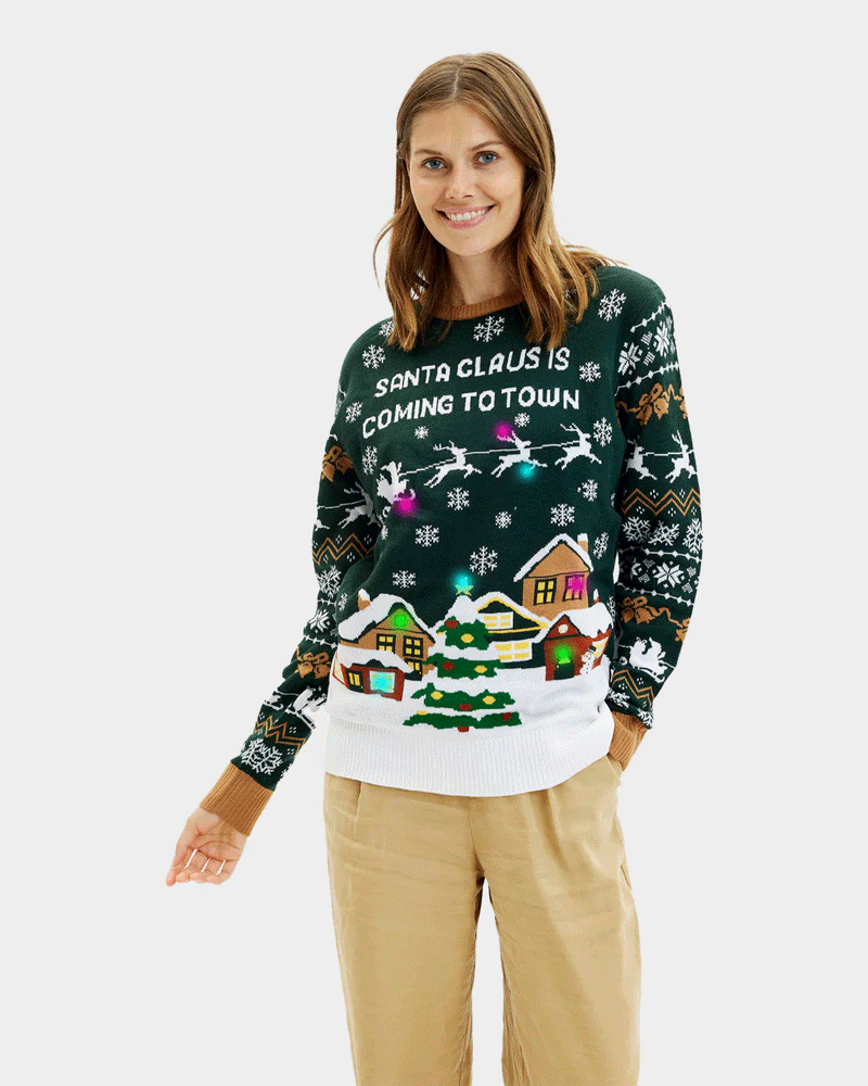 LED light-up Couples Christmas Jumper Santa is Coming to Town Womens