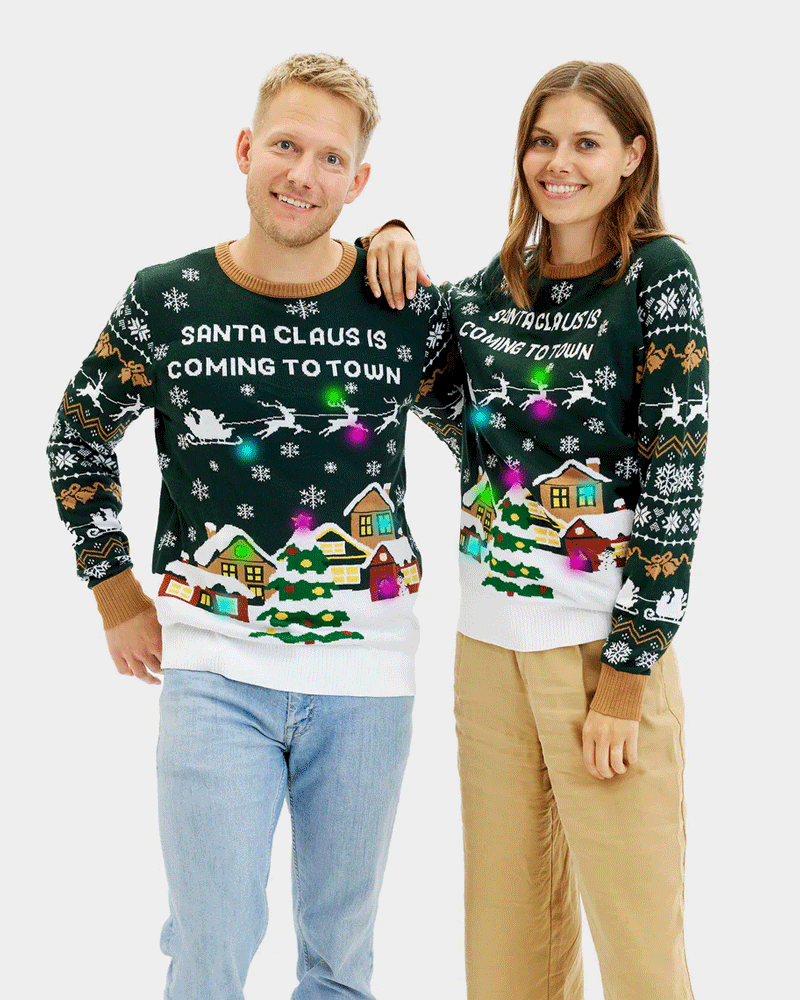 LED light-up Couples Christmas Jumper Santa is Coming to Town