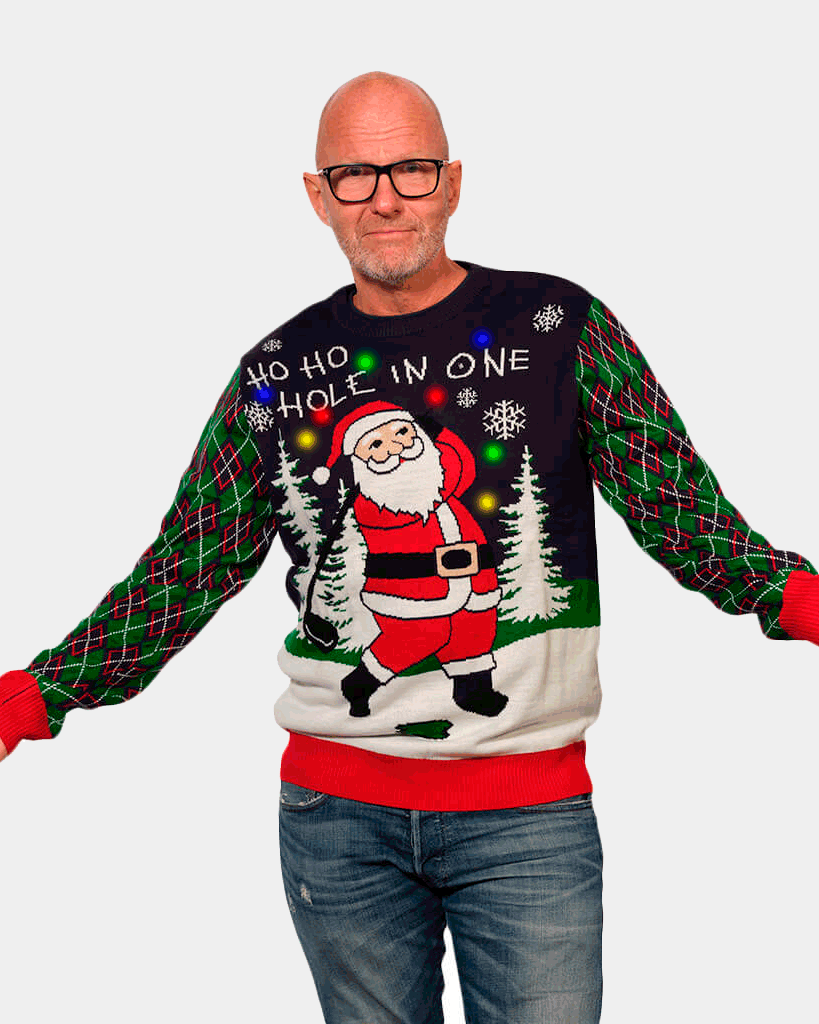 LED light-up Couple's Christmas Jumper with Santa playing Golf mens