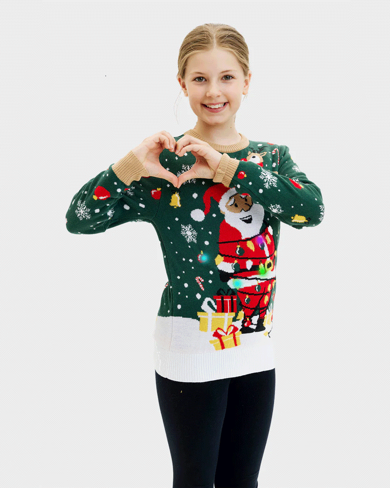 LED light-up Girls Christmas Jumper Santa Claus in a mess