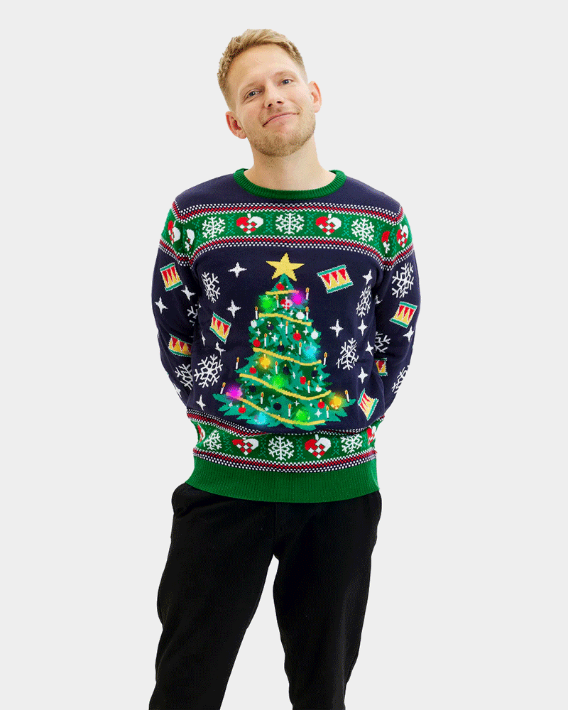 LED light-up Mens Christmas Blue Jumper with Christmas Tree
