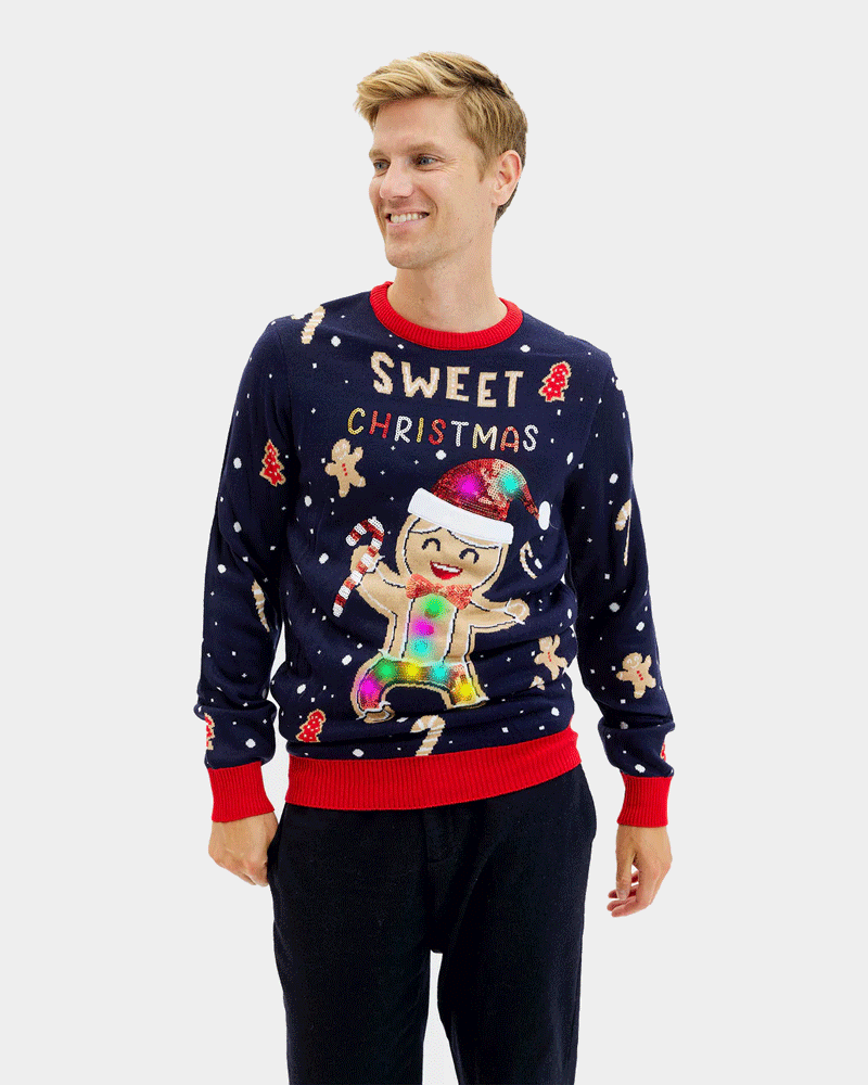 LED light-up Mens Christmas Jumper Ginger Cookie Blue