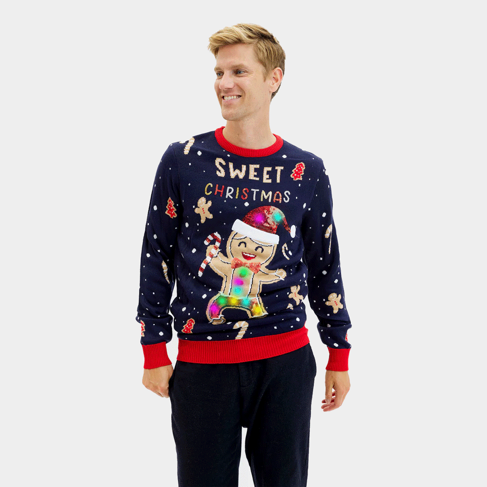 LED light-up Mens Christmas Jumper Ginger Cookie Blue