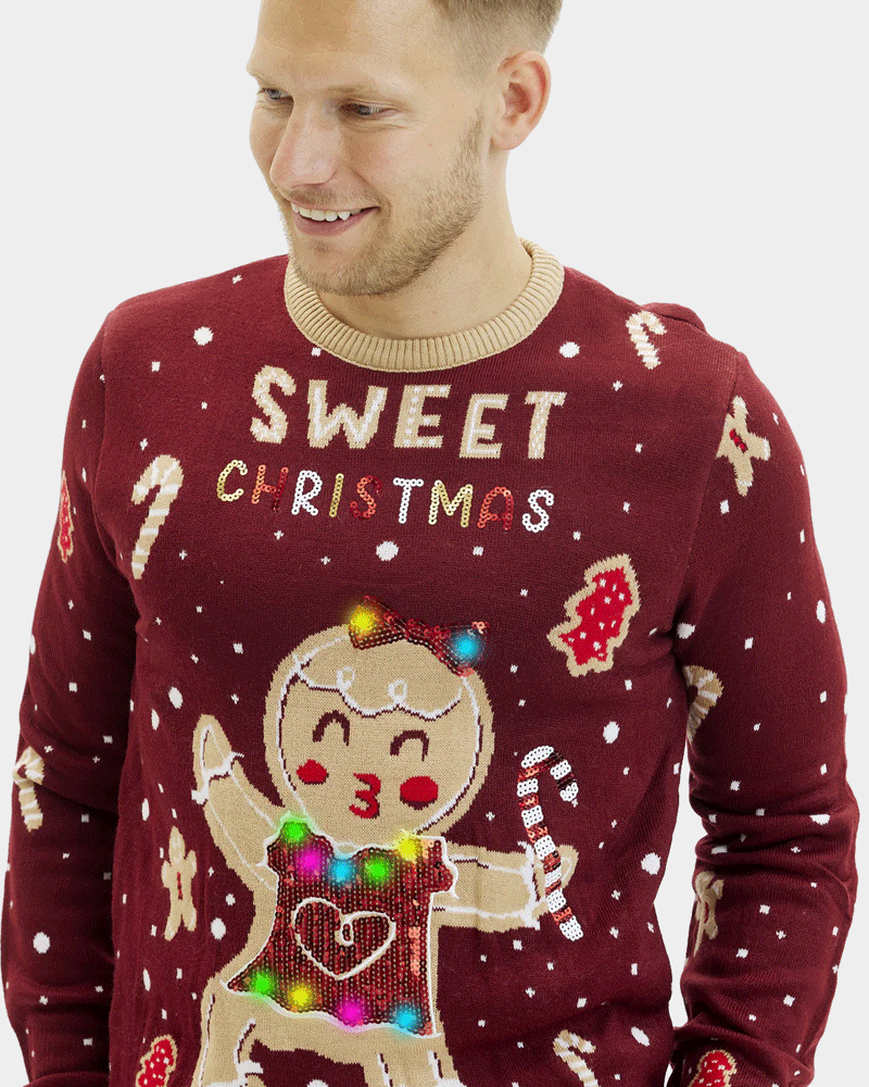 LED light-up Mens Christmas Jumper with Ginger Cookie Red