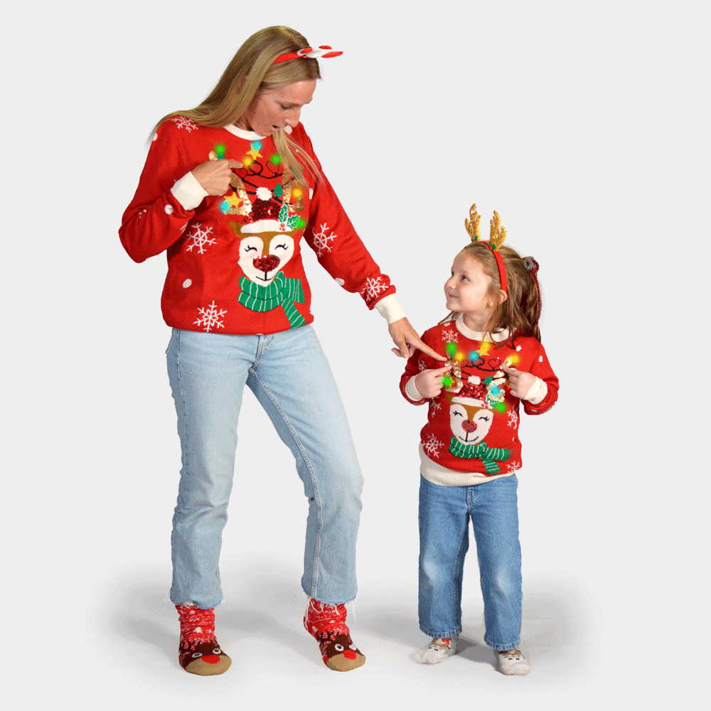 LED light-up Mens Christmas Jumper Sparkling Sequin Reindeer Family