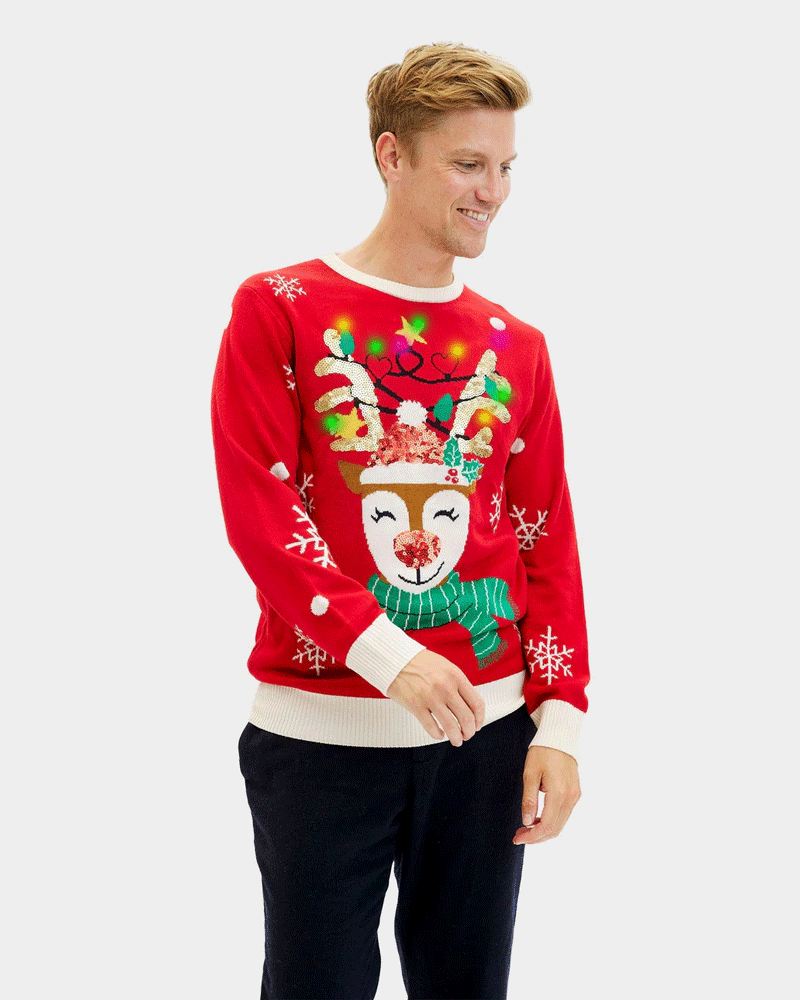 LED light-up Mens Sparkling Christmas Jumper Sequin Reindeer