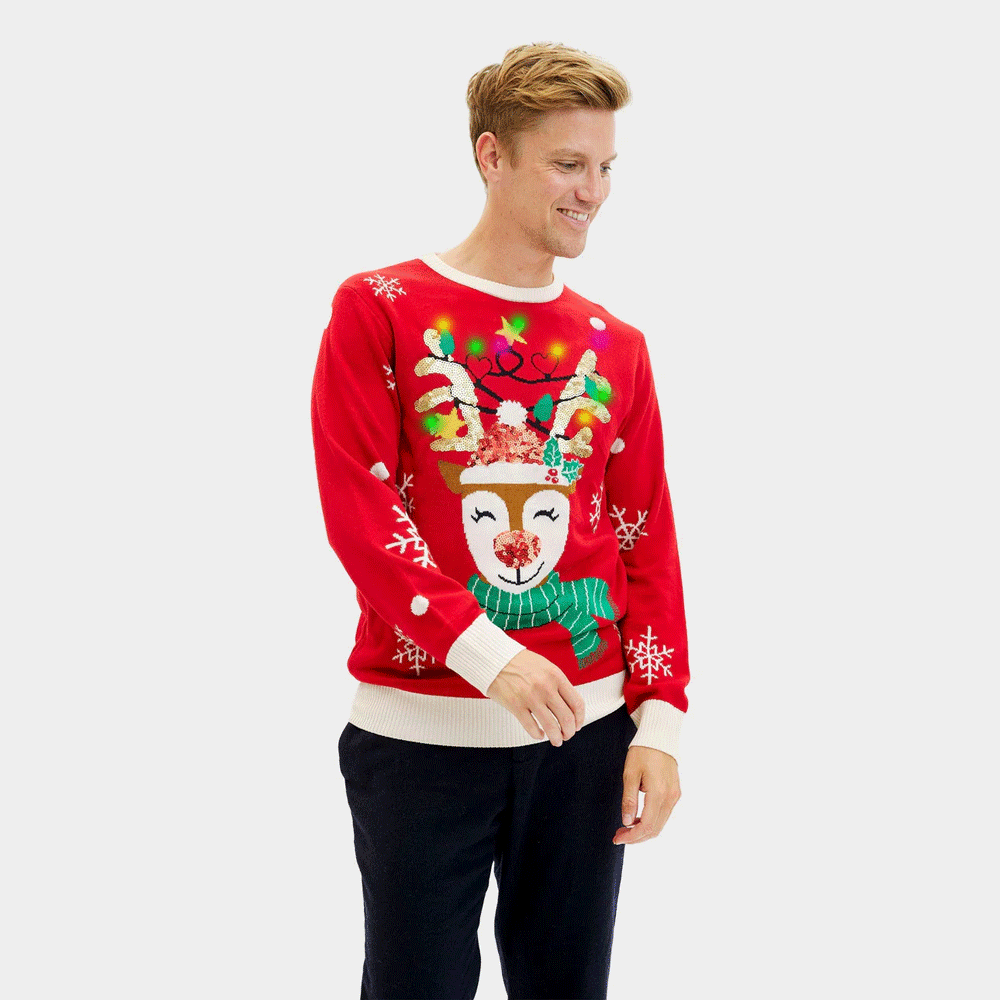 LED light-up Mens Sparkling Christmas Jumper Sequin Reindeer