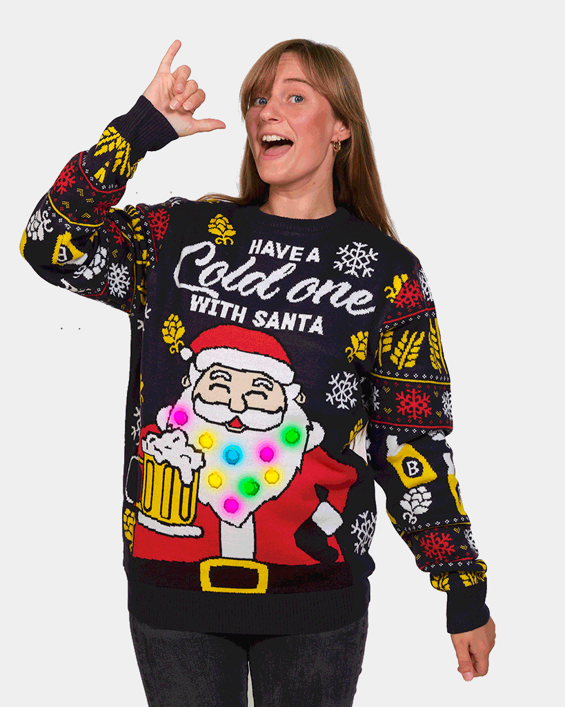 LED Light-Up Mens Womens Christmas Jumper Santa with Beer