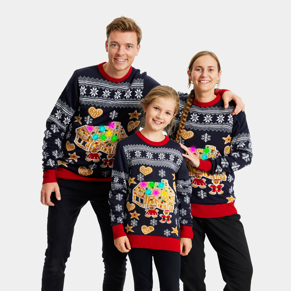 LED light-up Womens Christmas Jumper Family Gingerbread House