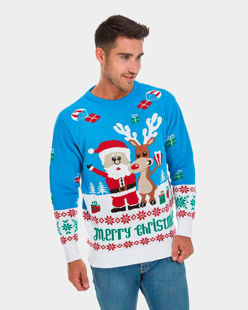 mens Light Blue Couple's Christmas Jumper with Santa and Rudolph