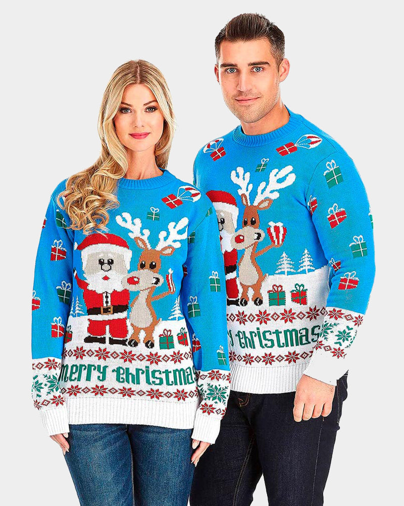 Light Blue Couple's Christmas Jumper with Santa and Rudolph