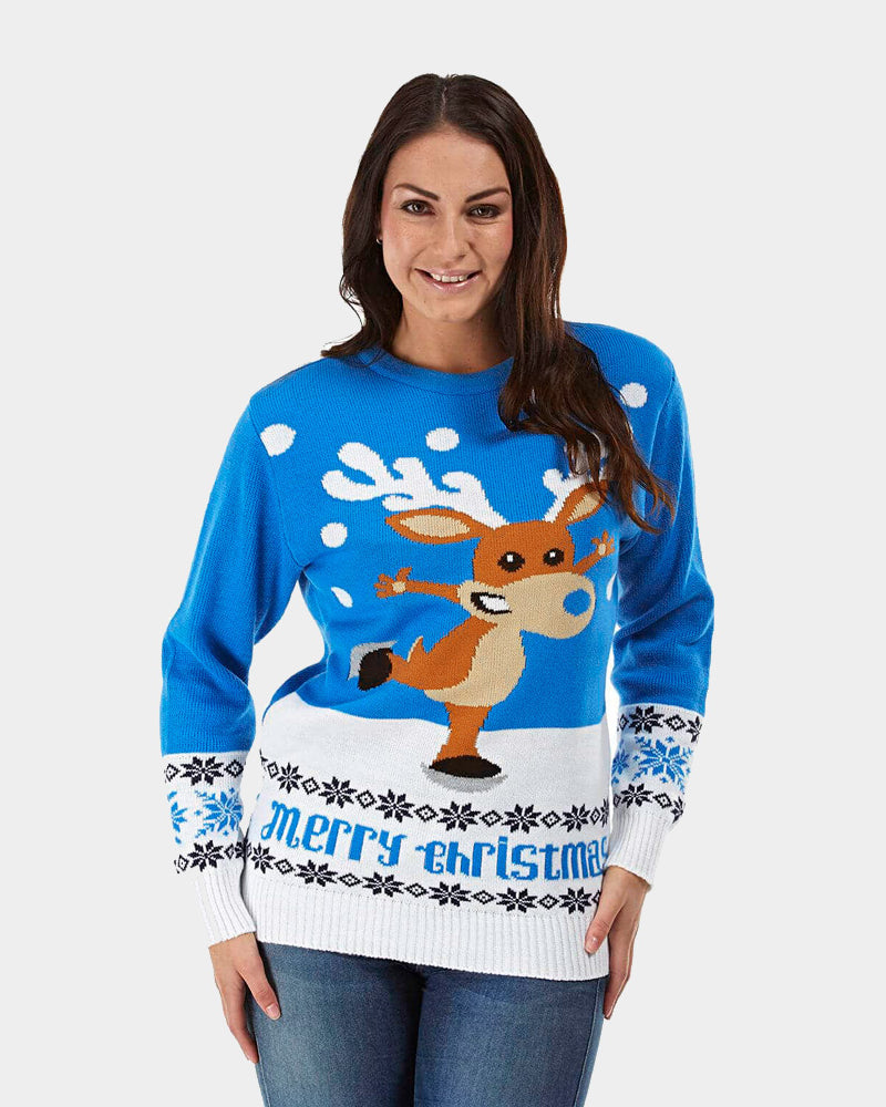 Light Blue Couple's Christmas Jumper with skating Reindeer womens