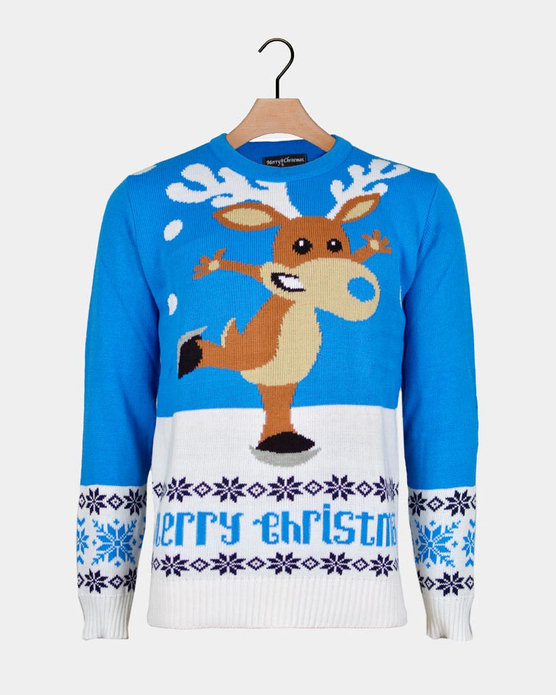 Light Blue Couple's Christmas Jumper with skating Reindeer