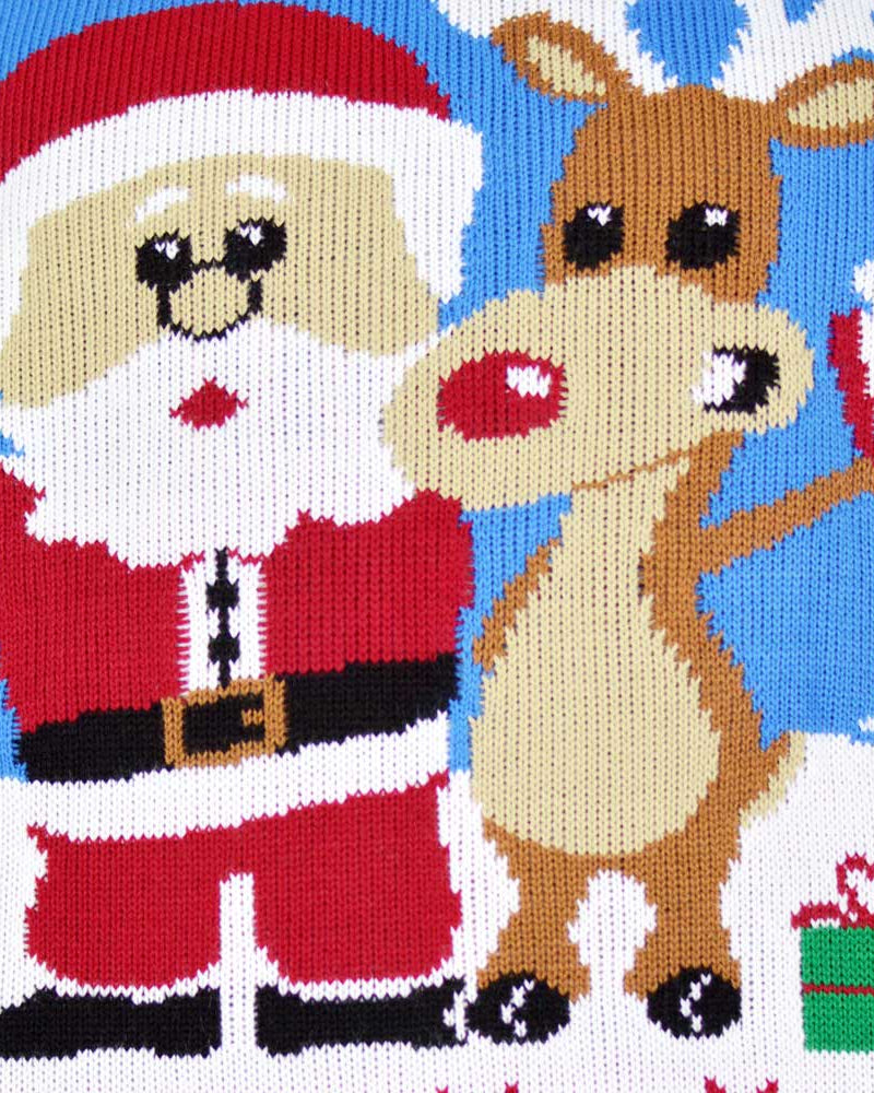 detail Light Blue Men's Christmas Jumper with Santa and Rudolph