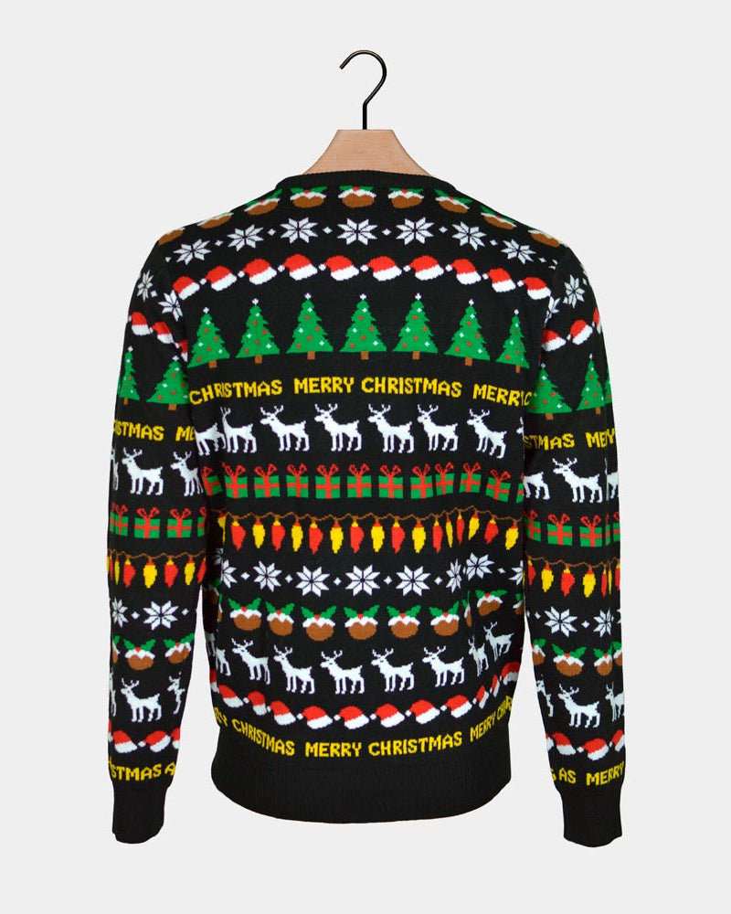 Trees, Reindeers and Gifts Black Men's Christmas Jumper