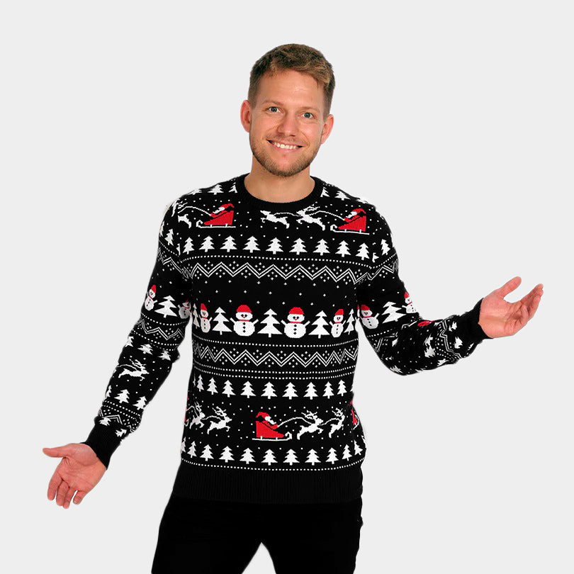 Mens Black Christmas Jumper with Trees, Snowmen and Santa