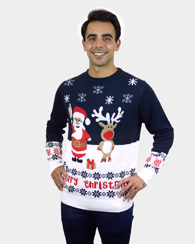 Men's Blue Organic Cotton Christmas Jumper with Santa and Rudolph