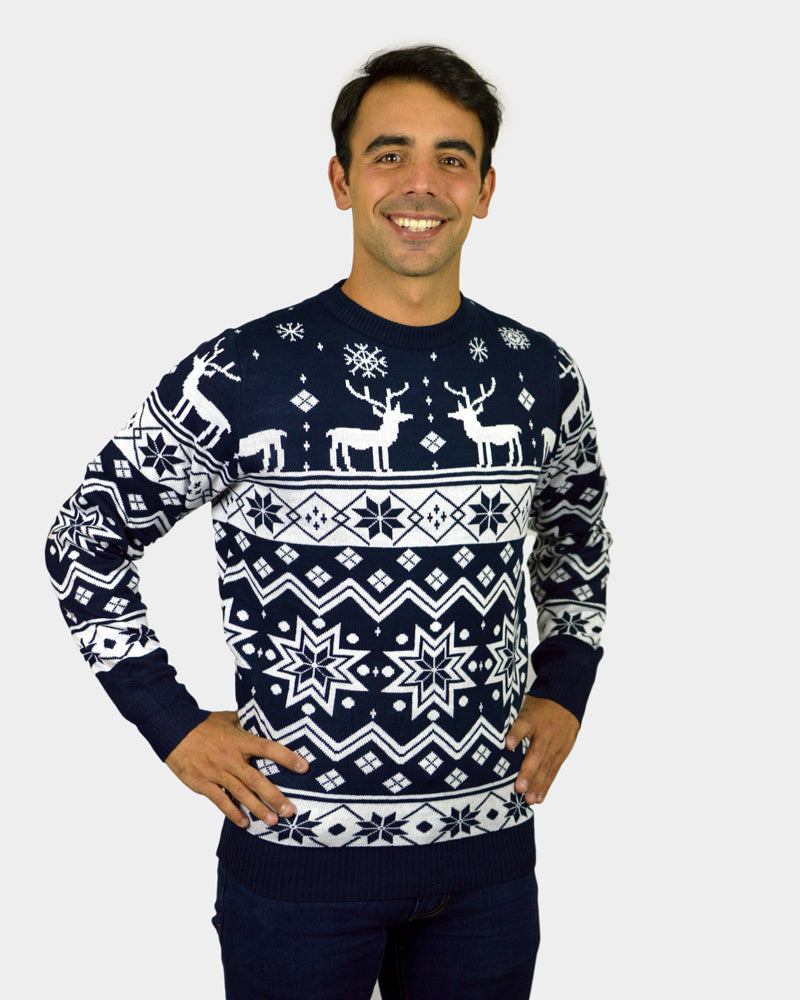 Blue Womens Christmas Jumper mens Reindeers and Nordic Stars