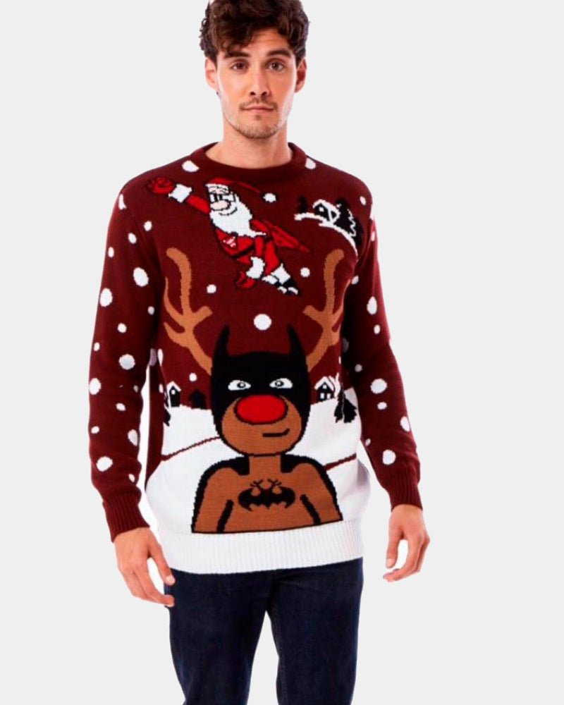 Men's Christmas Jumper with Batman Rudolph and Superman Santa