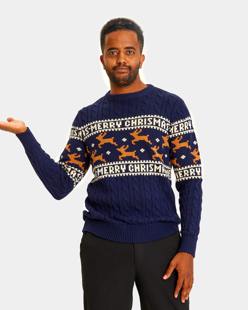 mens Classy Blue Organic Cotton Couple's Christmas Jumper with Reindeers