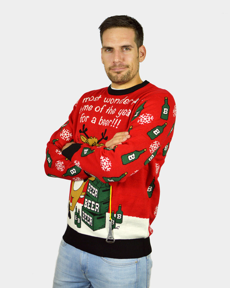 Couple's Christmas Jumper with Reindeer + Beer Opener mens