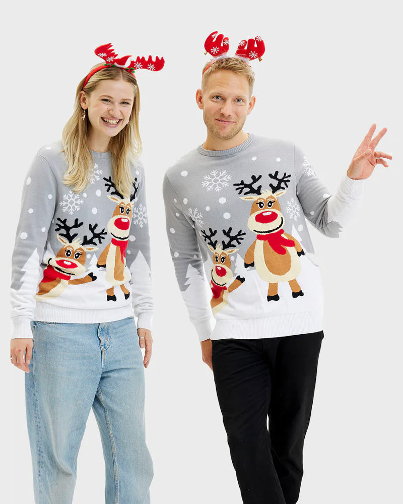Grey Organic Cotton Womens and Mens Christmas Jumper Cute Reindeers