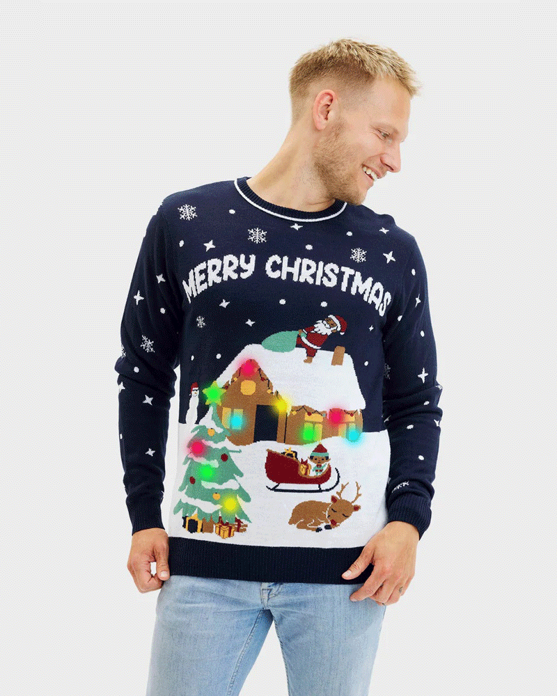 Mens LED light-up Blue Christmas Jumper Merry Christmas