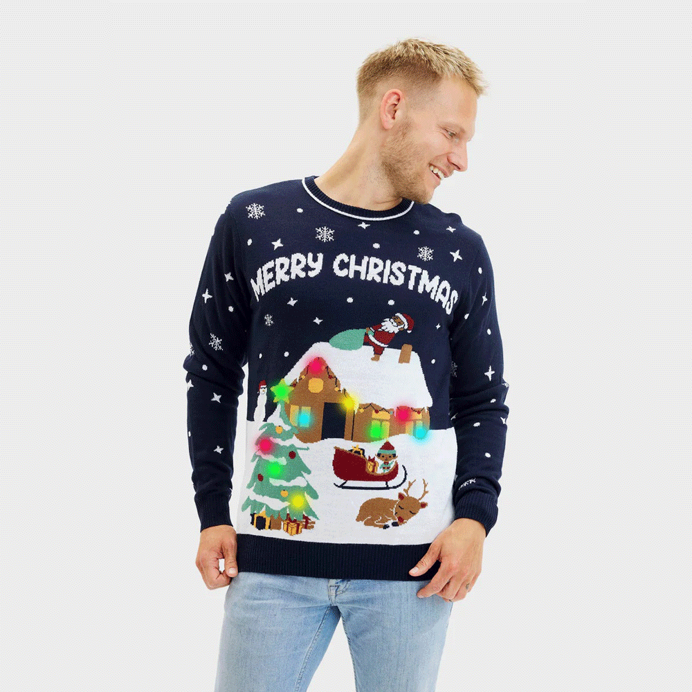 Mens LED light-up Blue Christmas Jumper Merry Christmas