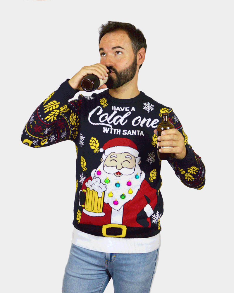 mens LED Light-Up Couple's Christmas Jumper Santa with Beer