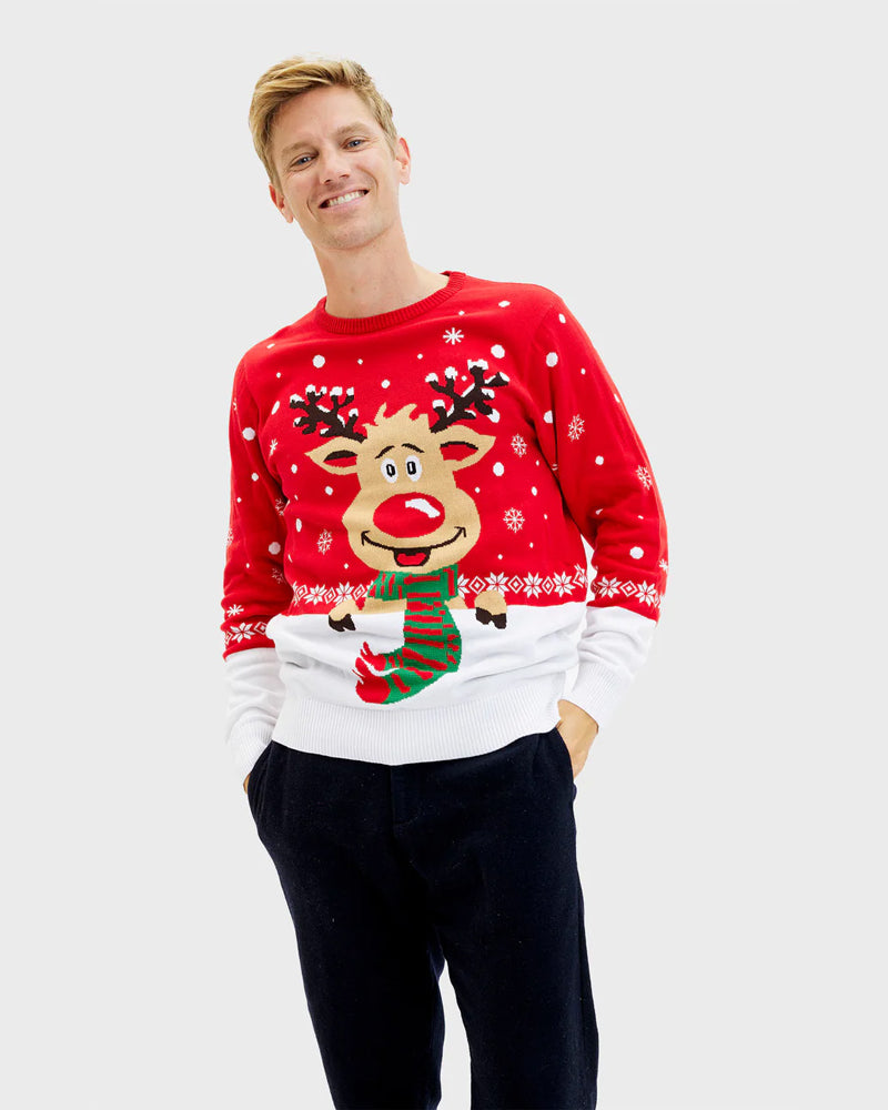 mens Organic Cotton Couple's Christmas Jumper Reindeer with Scarf