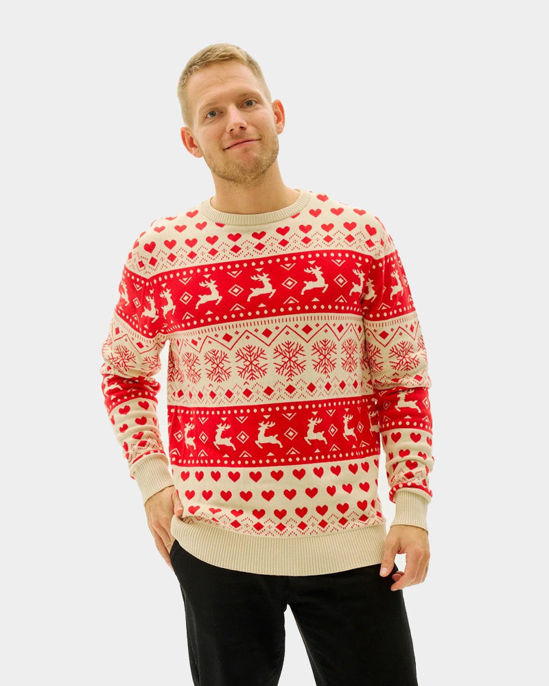 Red & Beige Organic Cotton Couple's Christmas Jumper with Hearts mens