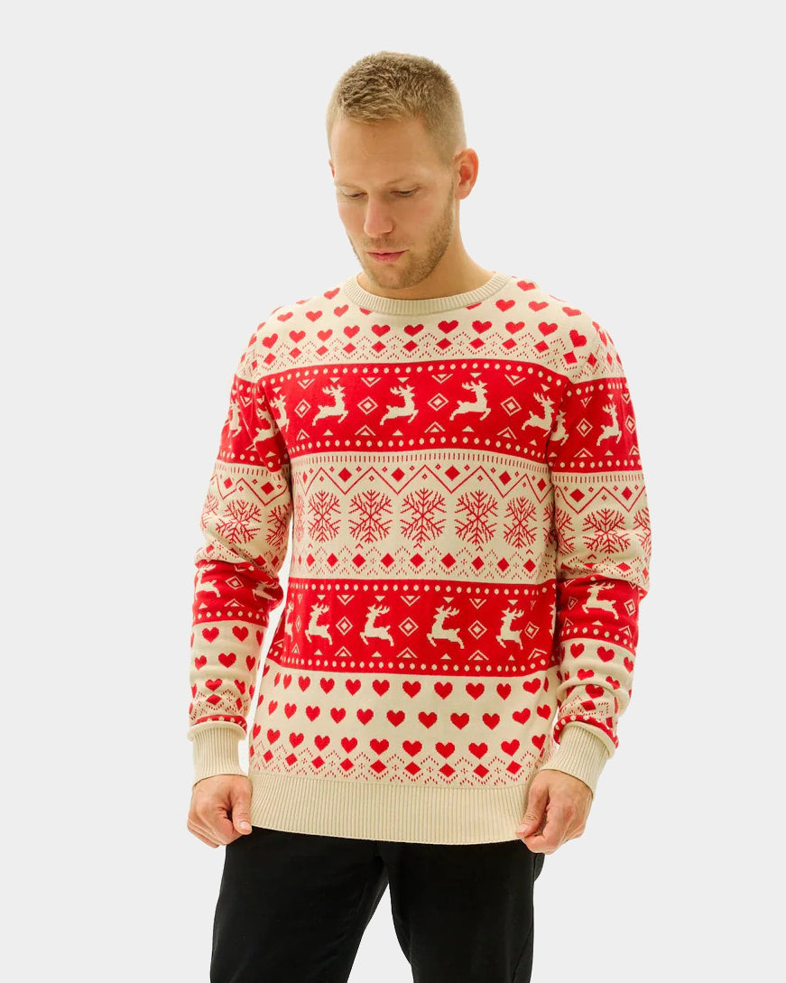Red Mens Beige Organic Cotton Womens Christmas Jumper with Hearts