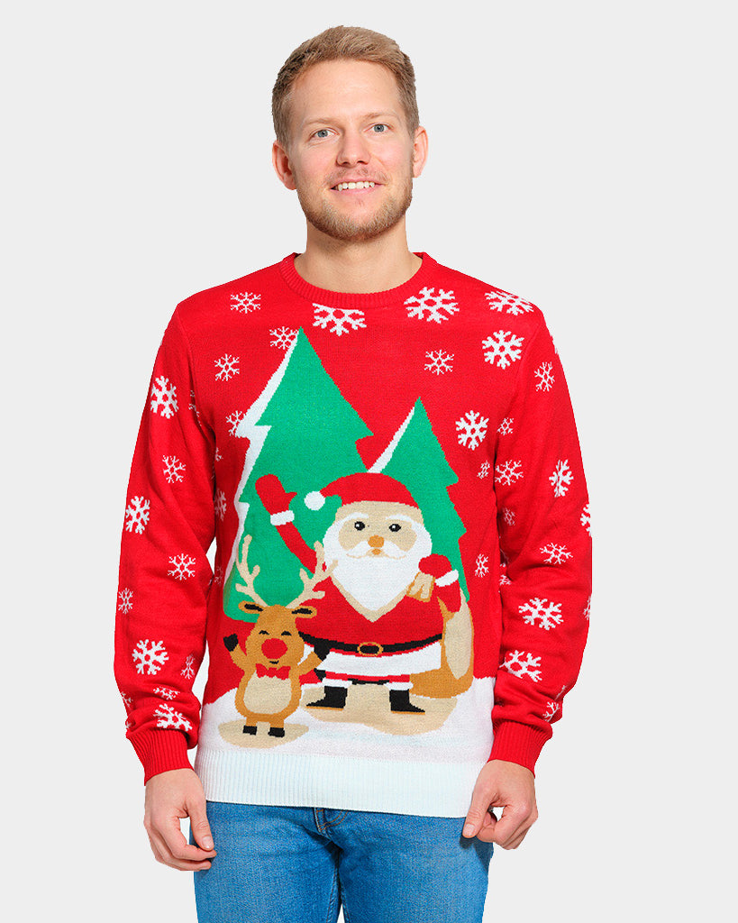 Red Boys Mens Girls Christmas Jumper Santa and Reindeer Greeting