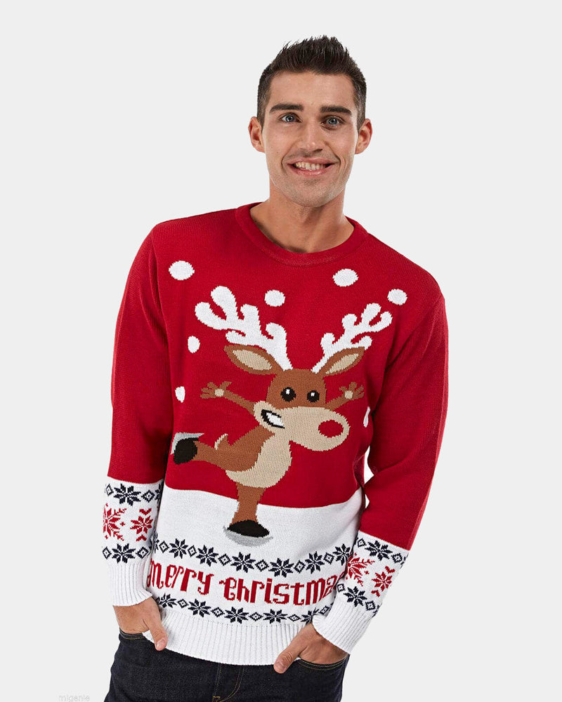 Red Couple's Christmas Jumper with Skating Reindeer mens