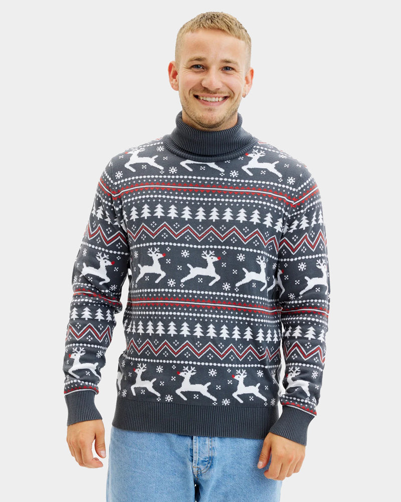 Mens Turtleneck Organic Cotton Couple's Grey Christmas Jumper with Reindeers