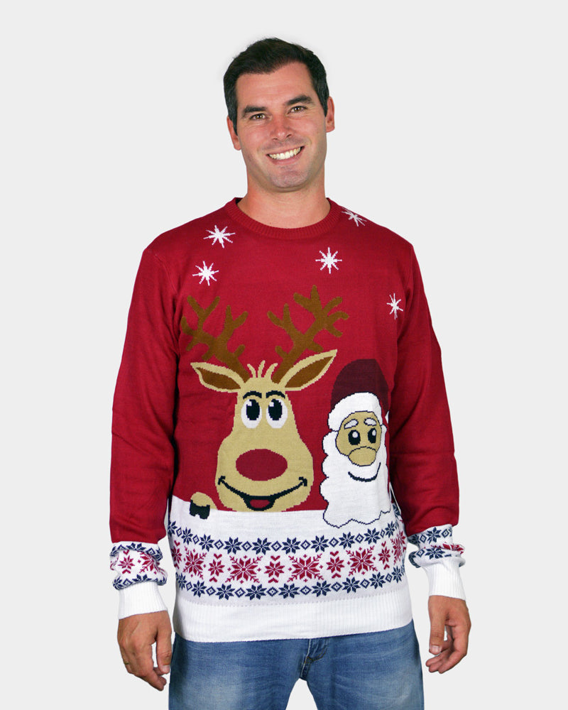 Womens Christmas Jumper Mens Santa and Rudolph Smiling
