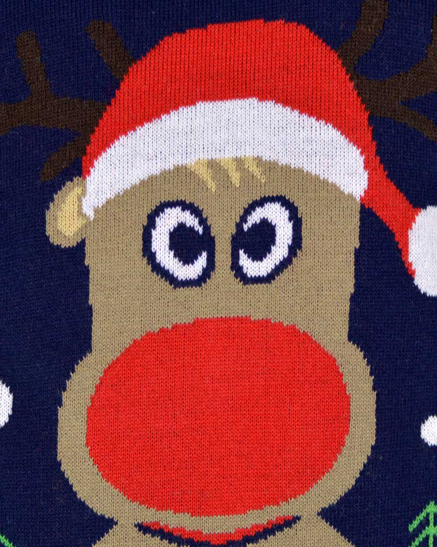 detail Navy Blue Couple's Christmas Jumper with Reindeer and Snow