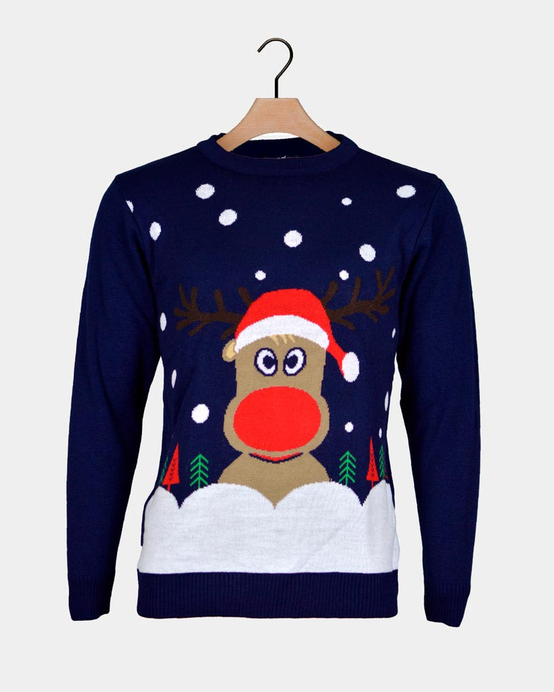 Navy Blue Couple's Christmas Jumper with Reindeer and Snow