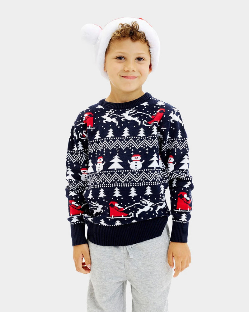 Organic Cotton Boys Blue Christmas Jumper Trees Snowmen Santa