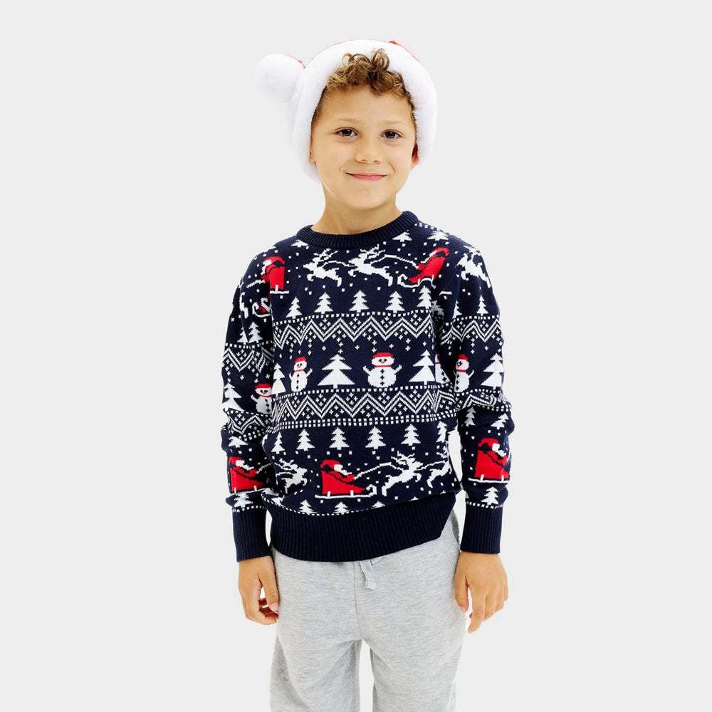Organic Cotton Boys Blue Christmas Jumper Trees Snowmen Santa