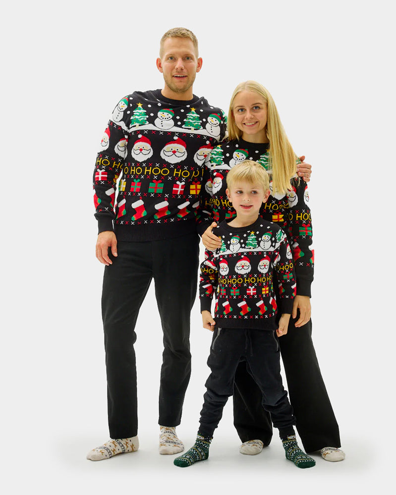 Organic Cotton Family Christmas Jumper with Santa, Gifts and Snowmen