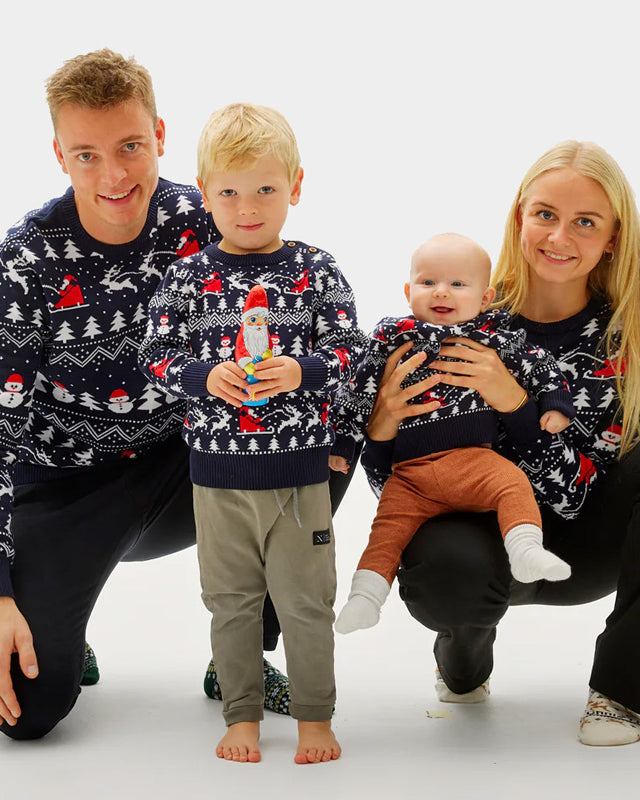 Organic Cotton Family Christmas Jumper with Trees, Snowmen and Santa