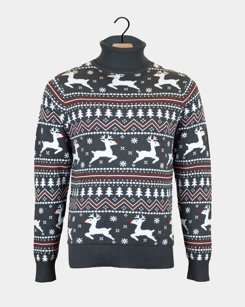 Organic Cotton Mens Grey Christmas Jumper Reindeers Turtleneck