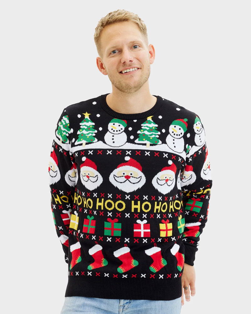Organic Cotton Men's Christmas Jumper with Santa, Gifts and Snowmen