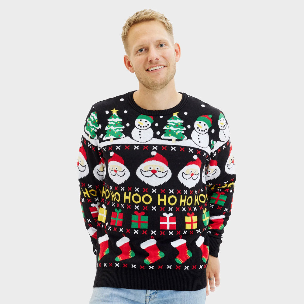 Organic Cotton Men's Christmas Jumper with Santa, Gifts and Snowmen