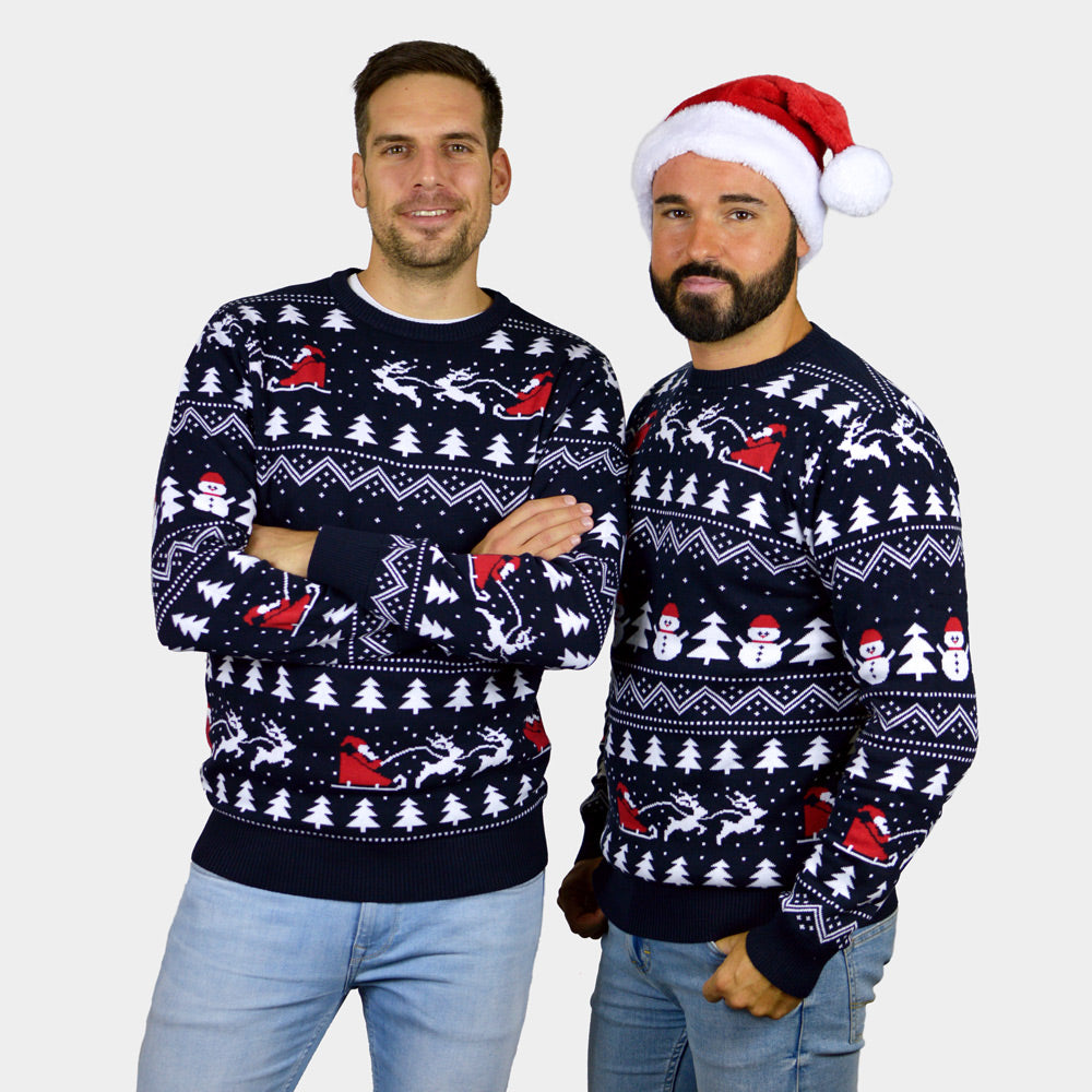 Organic Cotton Men's Christmas Jumper with Trees, Snowmen and Santa