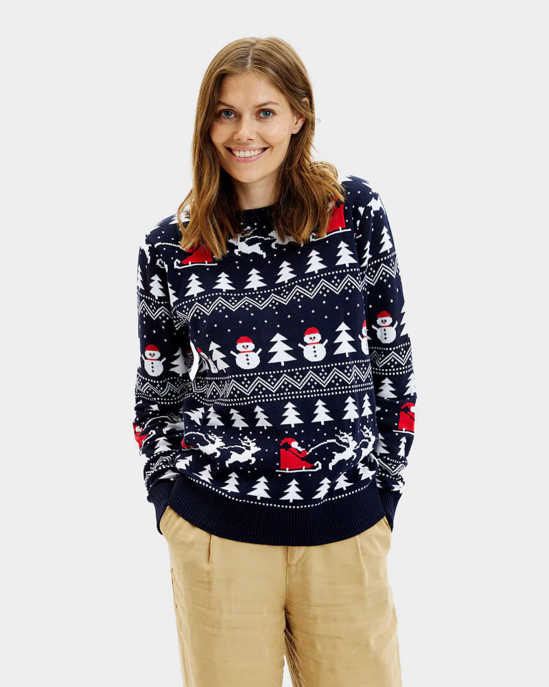 Organic Cotton Womens Christmas Jumper Trees, Snowmen and Santa
