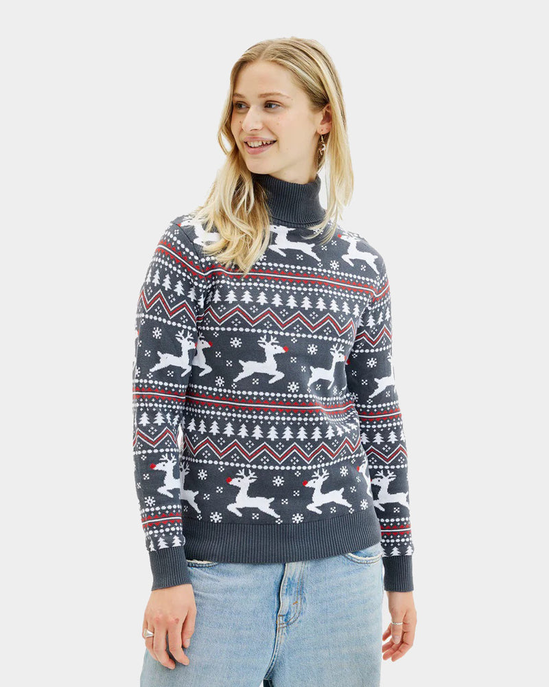 Organic Cotton Women's Grey Christmas Jumper with Reindeers Turtleneck