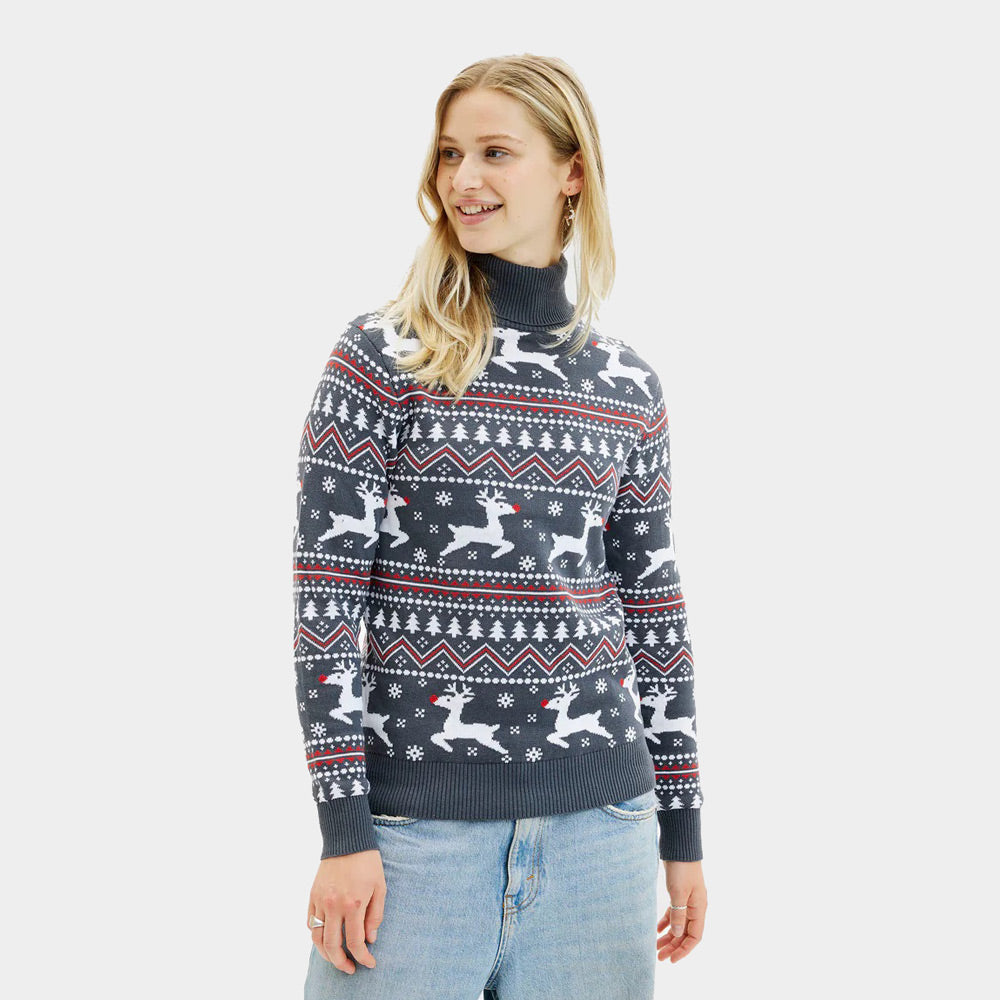 Organic Cotton Women's Grey Christmas Jumper with Reindeers Turtleneck