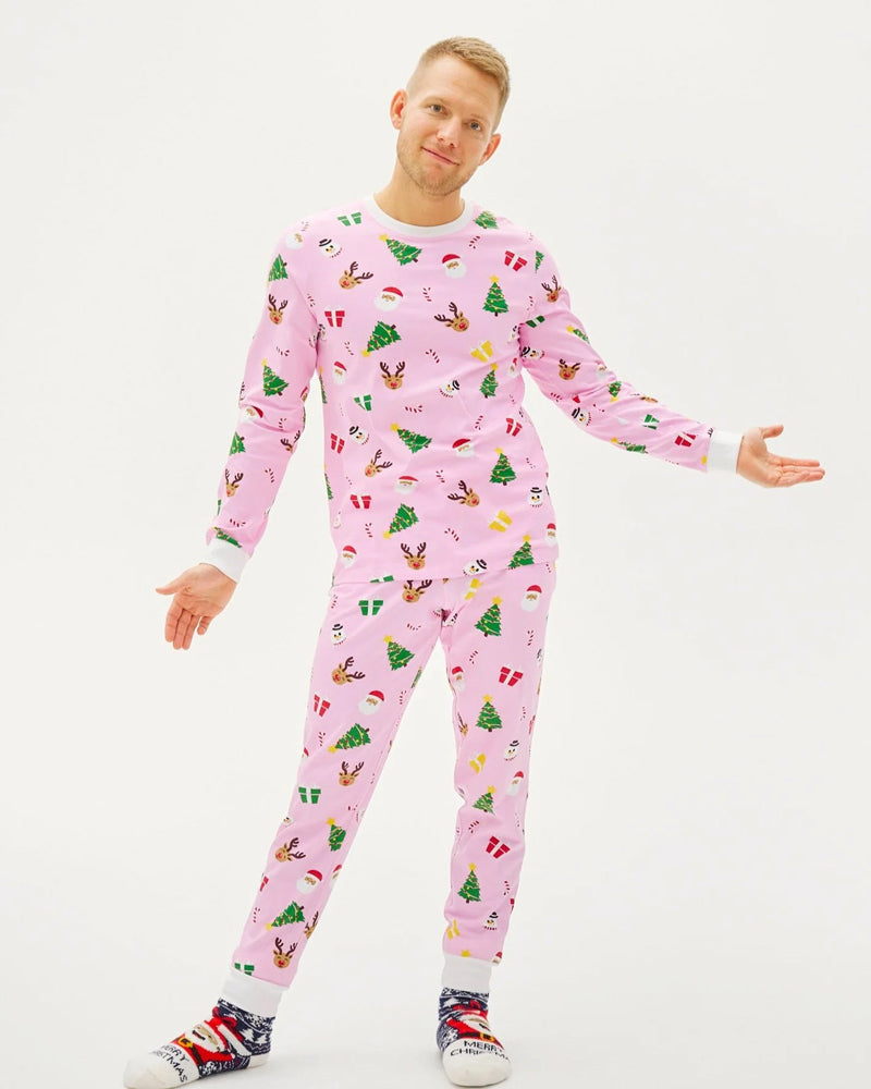 Pink Christmas Pyjama for Men with Christmas Motifs